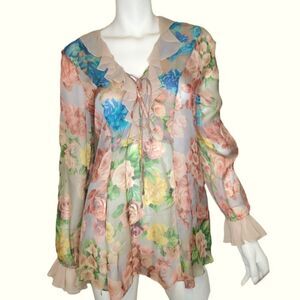 Vintage 2000s Blumarine Sheer Silk Floral Ruffle Top Size Medium